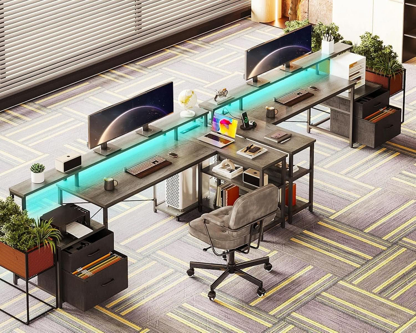 Grey Oak 75 Inch L Shaped Desk With Power Outlet And LED Lighting from PriceLows™
