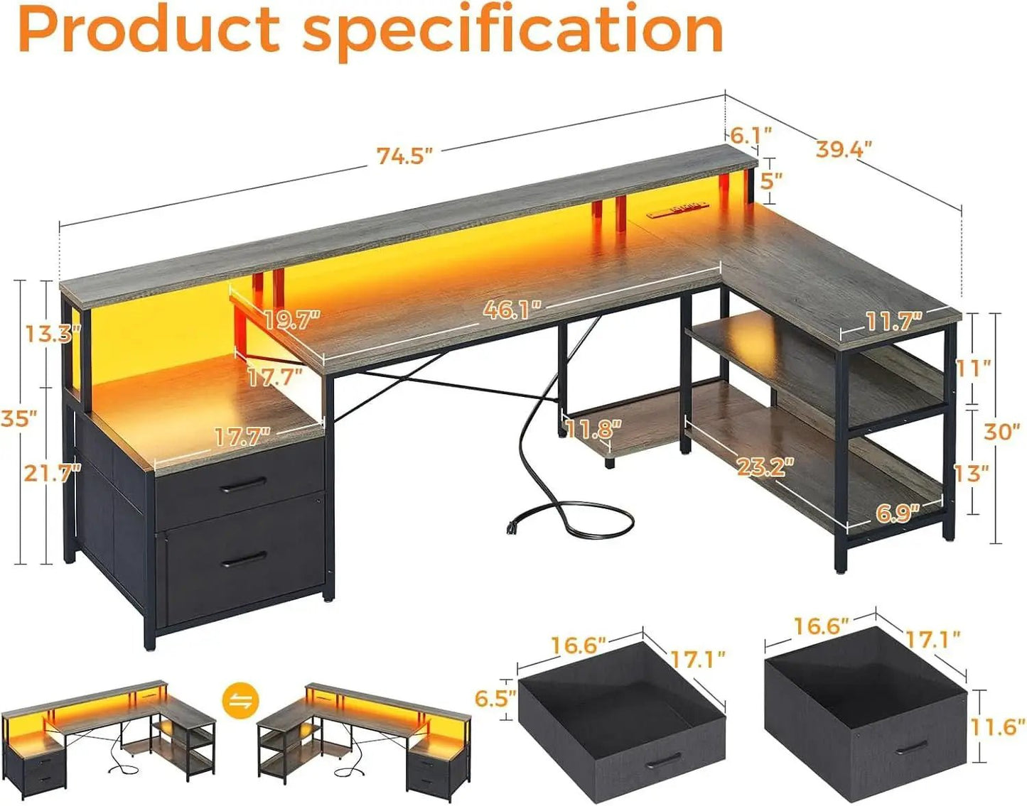 Grey Oak 75 Inch L Shaped Desk With Power Outlet And LED Lighting from PriceLows™