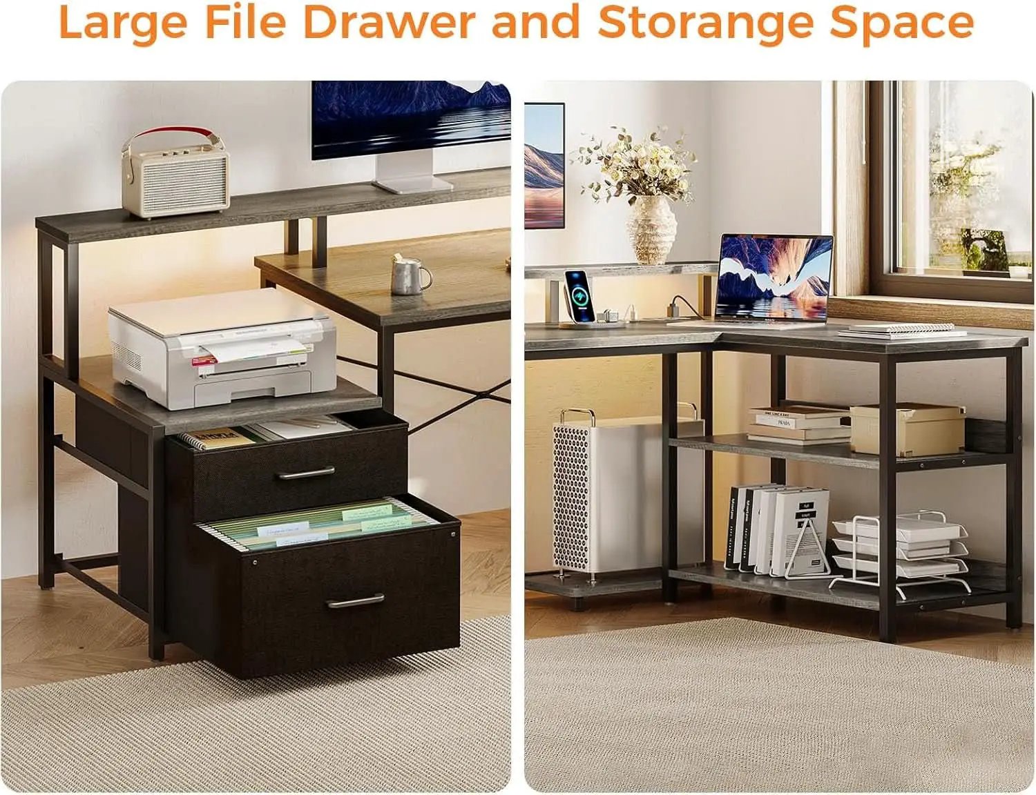 Grey Oak 75 Inch L Shaped Desk With Power Outlet And LED Lighting from PriceLows™