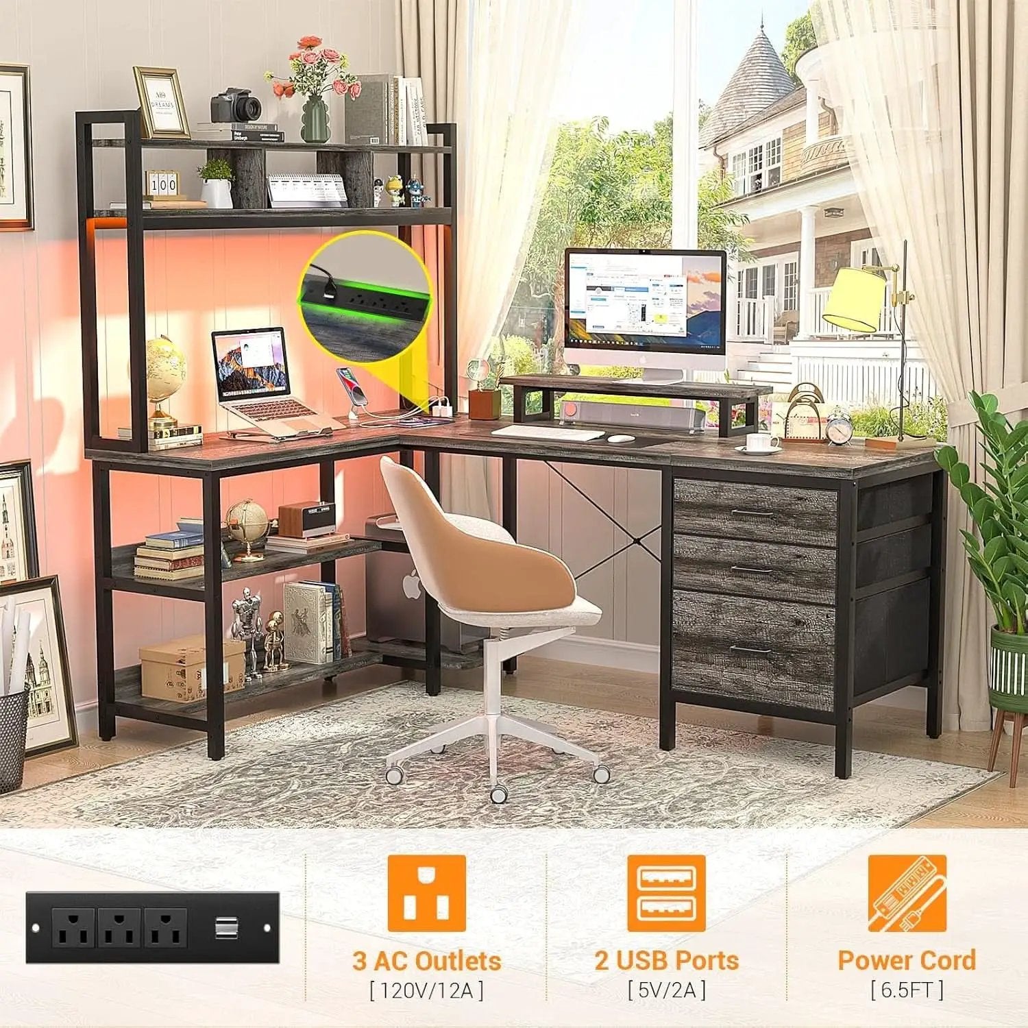 L Shaped Desk with Hutch and LED Lights, Black Oak from PriceLows™