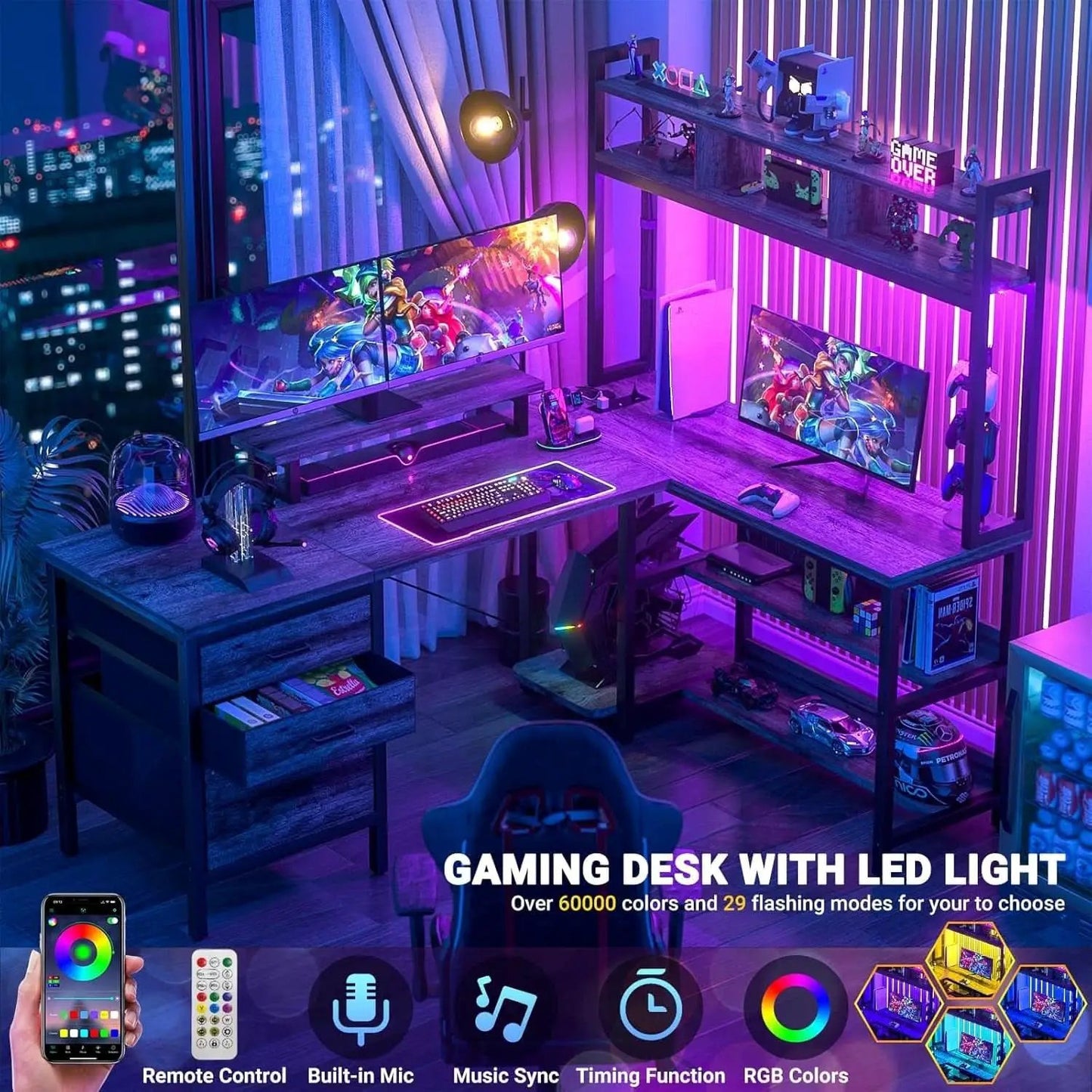 L Shaped Desk with Hutch and LED Lights, Black Oak from PriceLows™