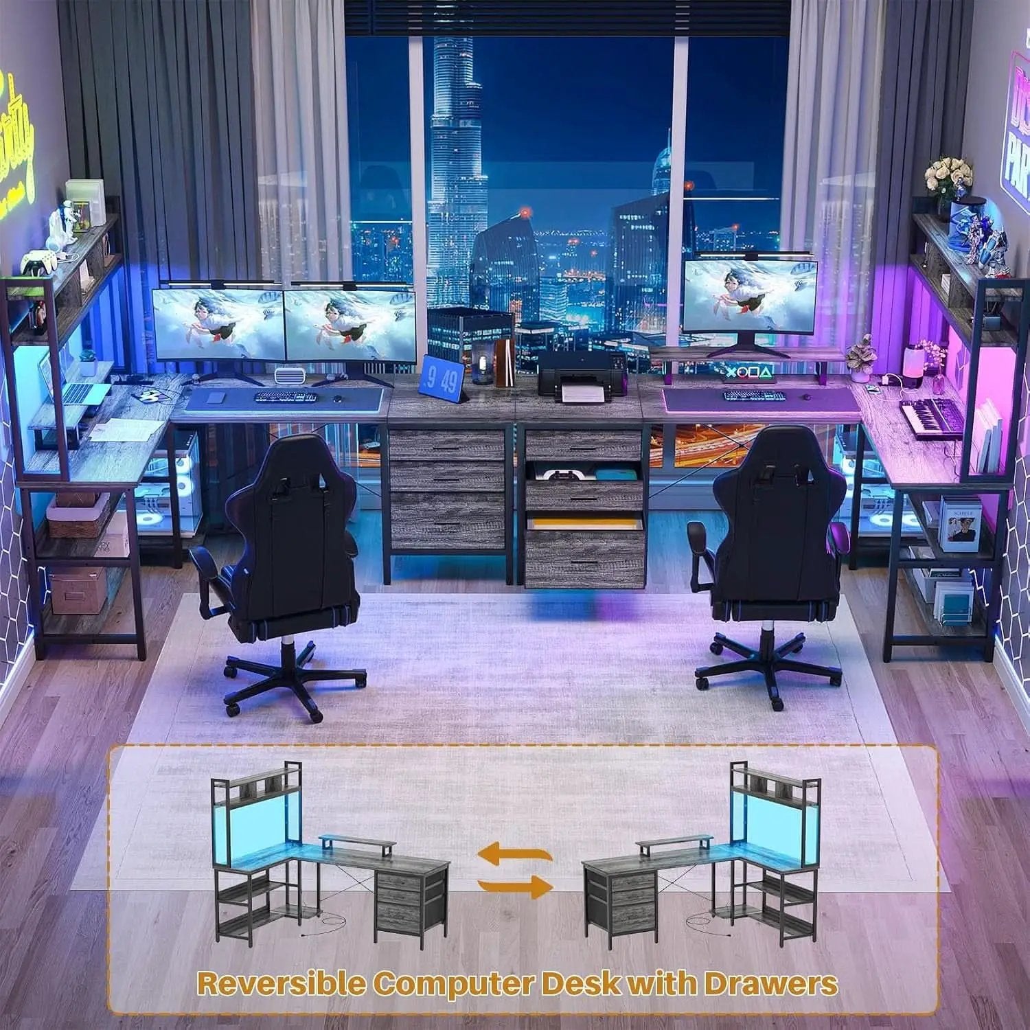 L Shaped Desk with Hutch and LED Lights, Black Oak from PriceLows™
