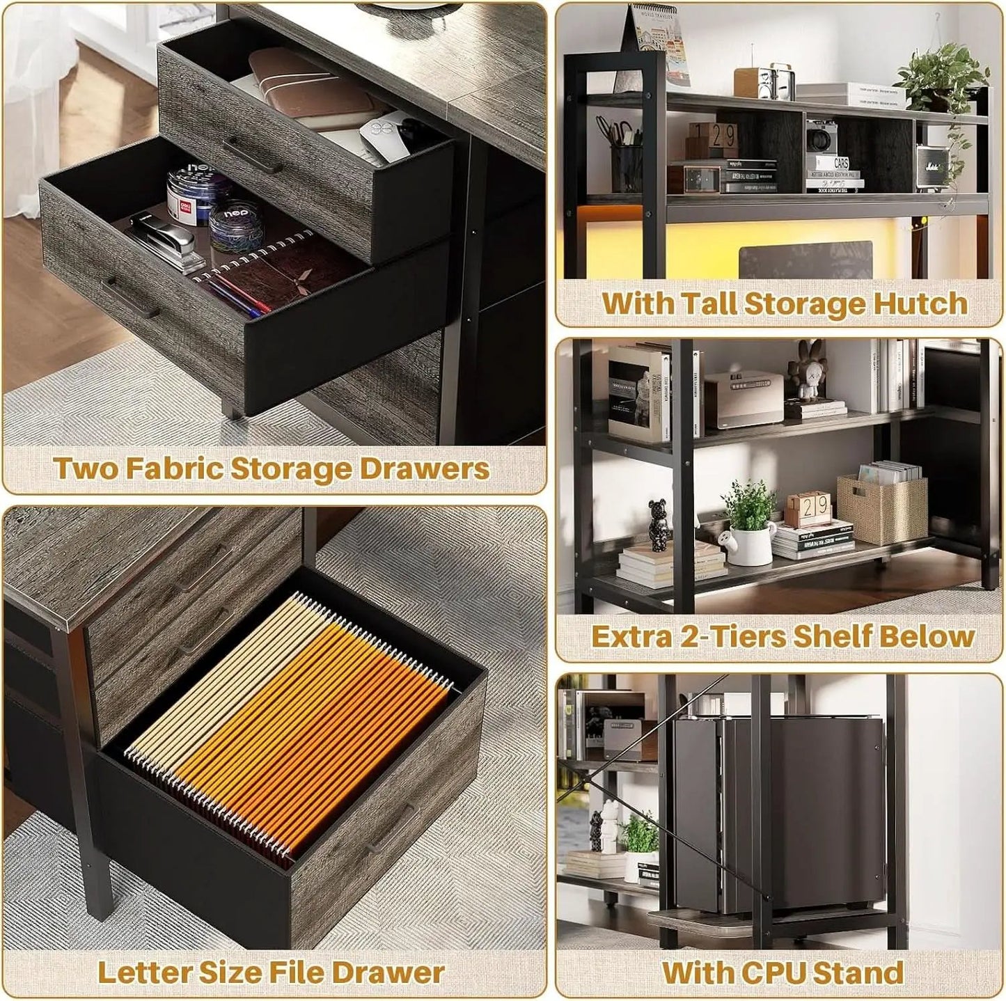 L Shaped Desk with Hutch and LED Lights, Black Oak from PriceLows™