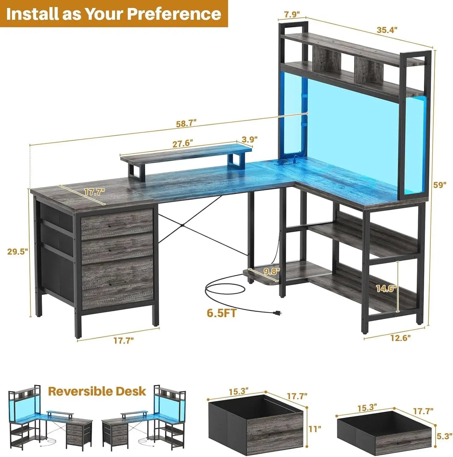 L Shaped Desk with Hutch and LED Lights, Black Oak from PriceLows™