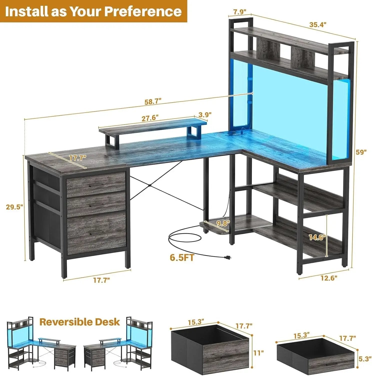 L Shaped Desk with Hutch and LED Lights, Black Oak from PriceLows™