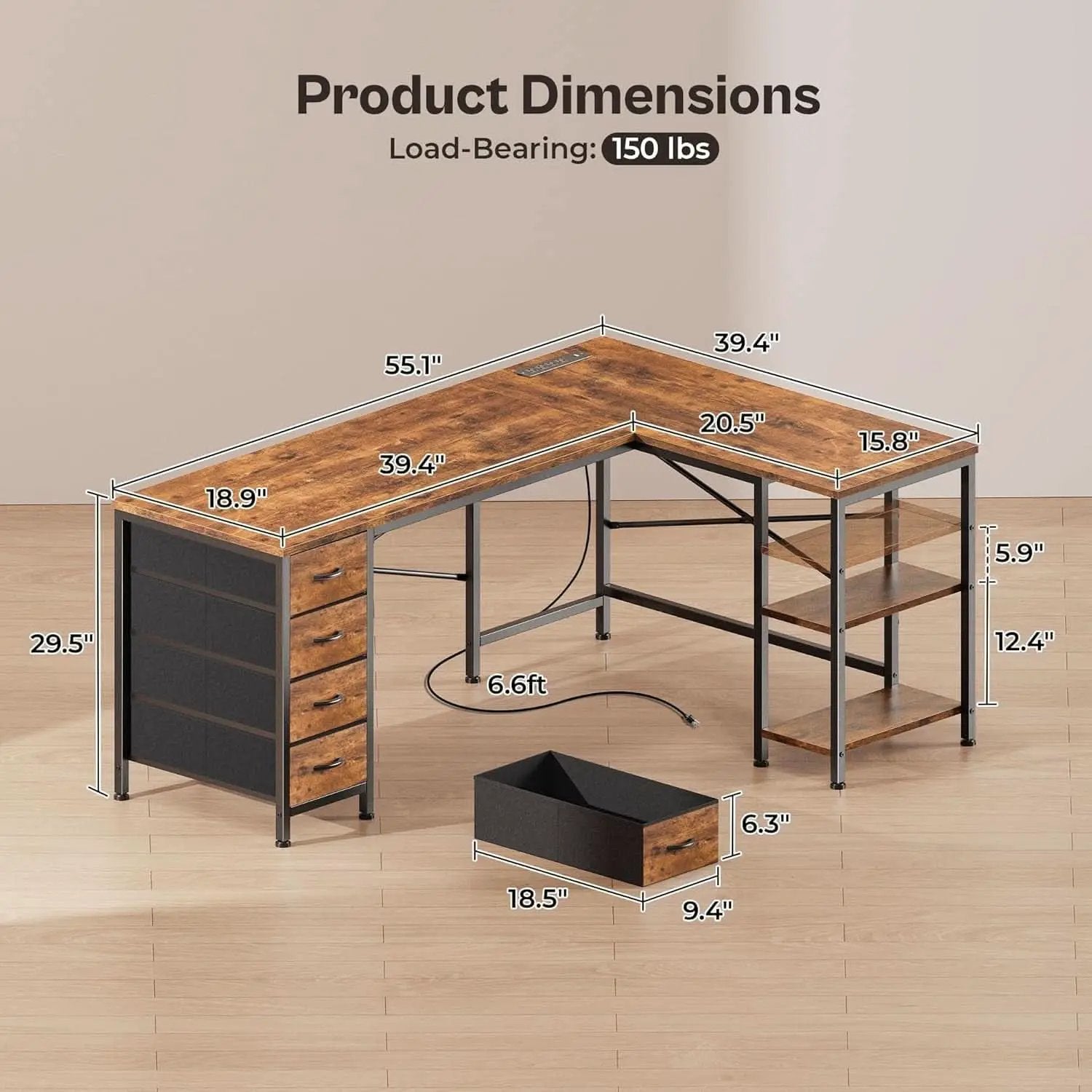 L Shaped Desk with Power Outlets and USB Port from PriceLows™