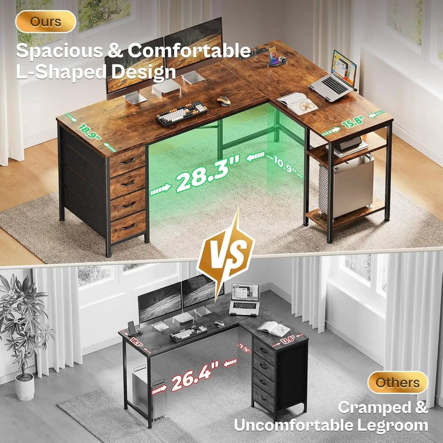 L Shaped Desk with Power Outlets and USB Port from PriceLows™
