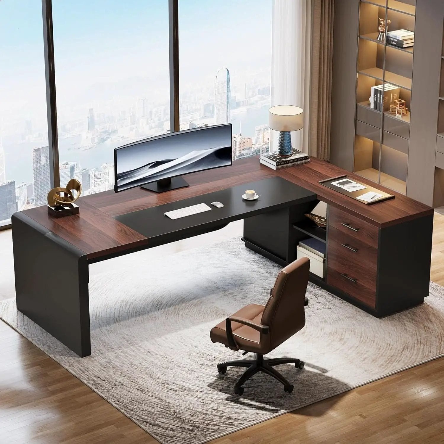 L Shaped Desk With Storage Shelves For Home Office from PriceLows™