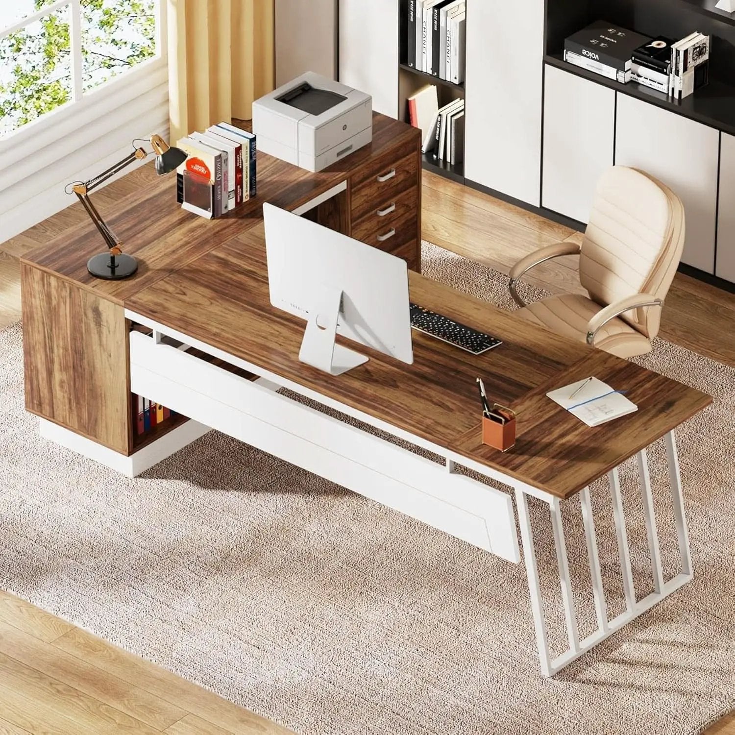 L-Shaped Executive Desk with Storage Drawers and Shelves from PriceLows™