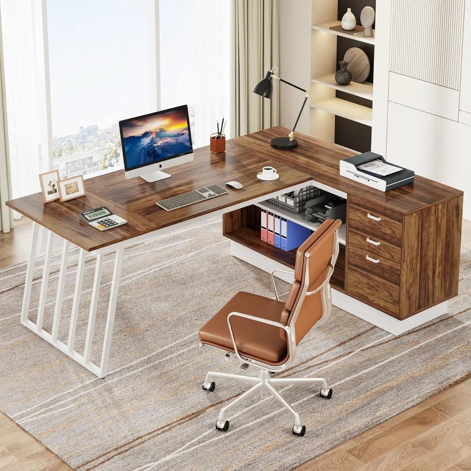 L-Shaped Executive Desk with Storage Drawers and Shelves from PriceLows™