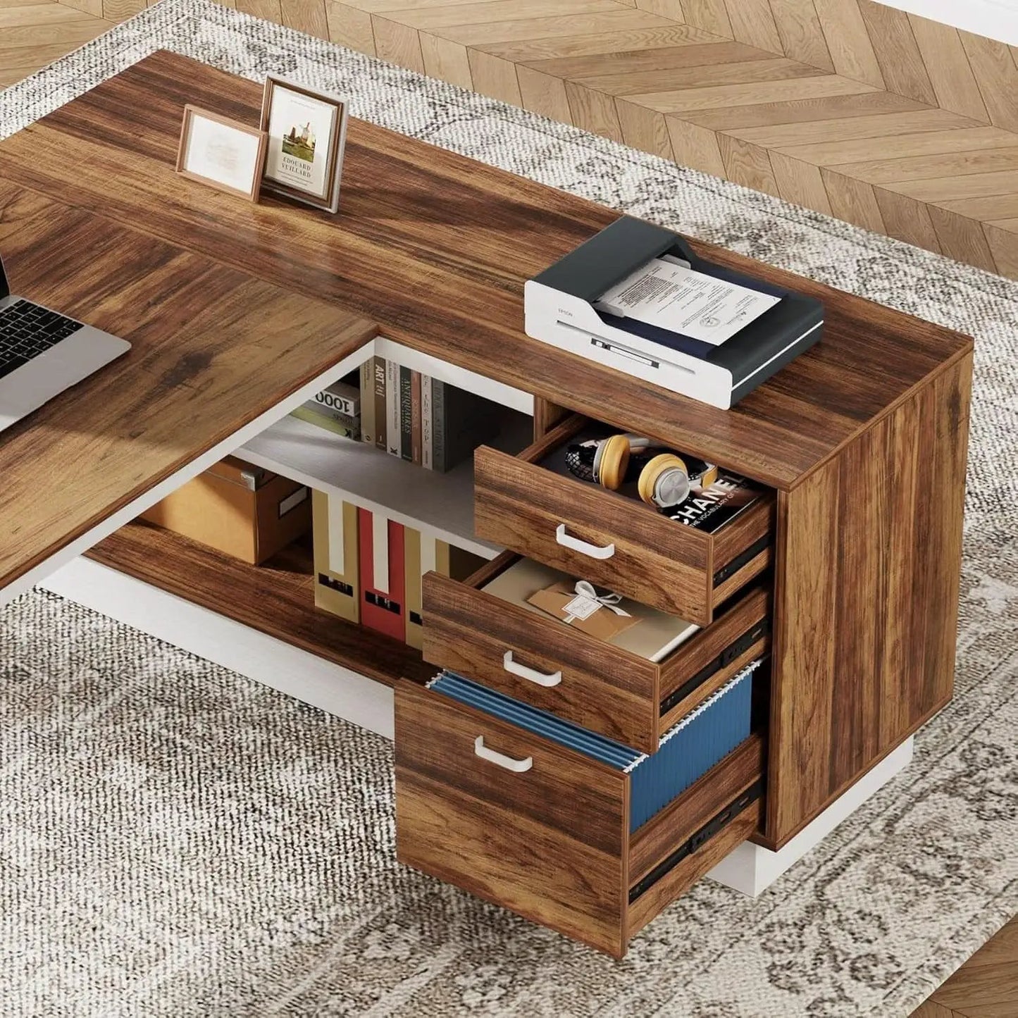 L-Shaped Executive Desk with Storage Drawers and Shelves from PriceLows™