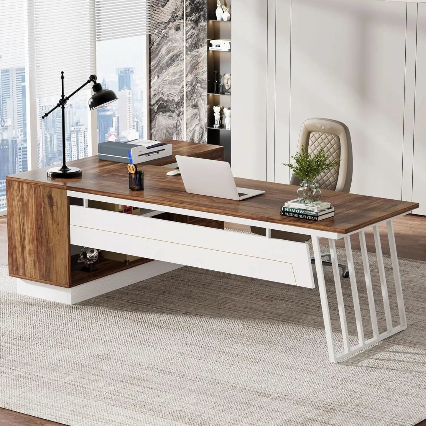 L-Shaped Executive Desk with Storage Drawers and Shelves from PriceLows™