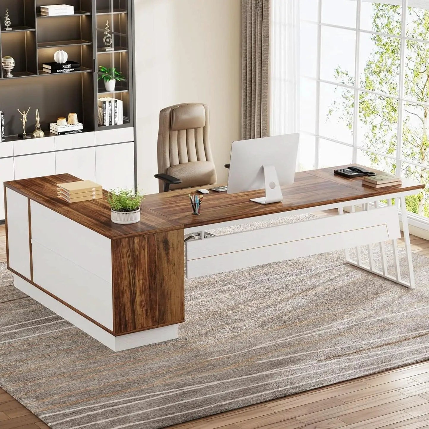 L-Shaped Executive Desk with Storage Drawers and Shelves from PriceLows™
