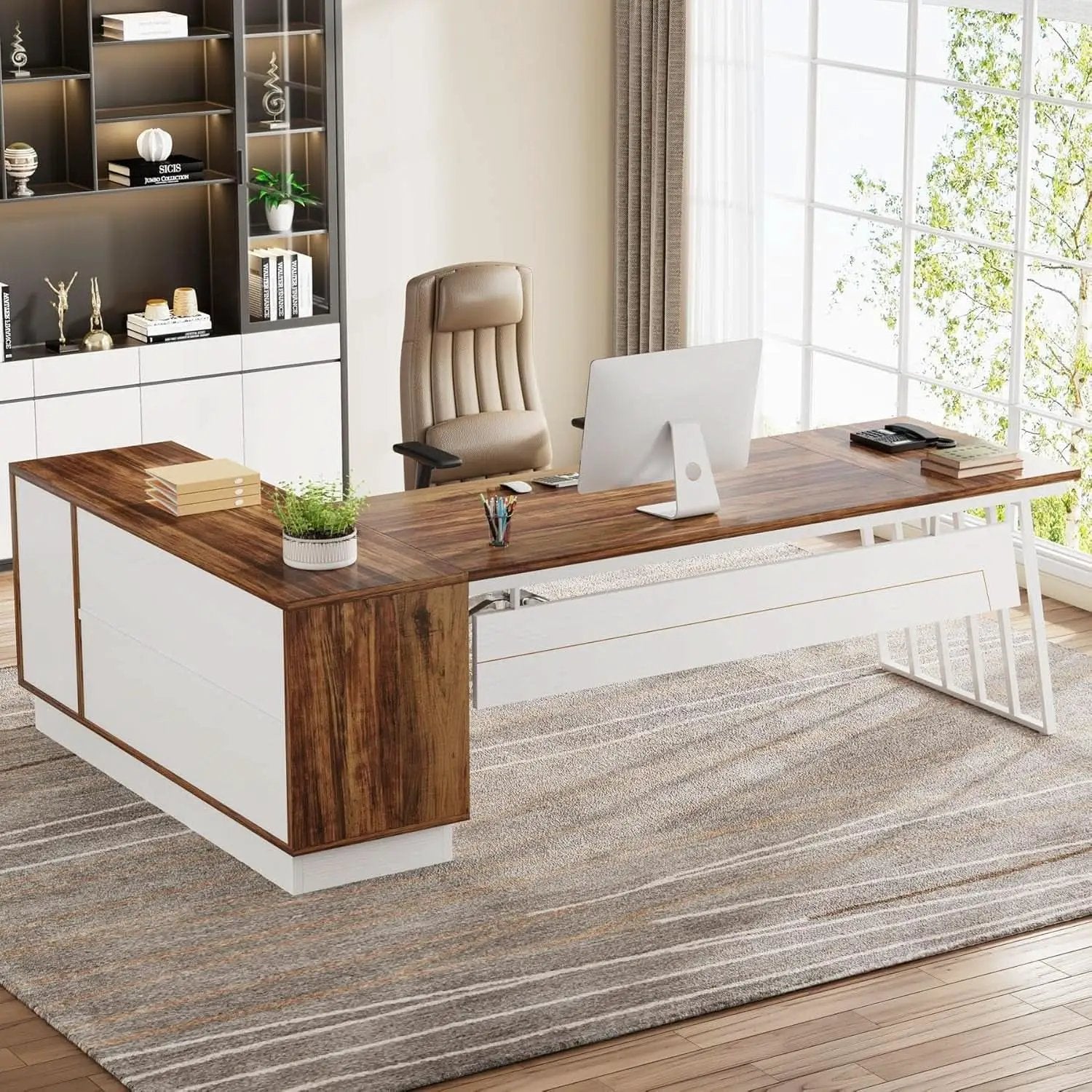 L-Shaped Executive Desk with Storage Drawers and Shelves from PriceLows™