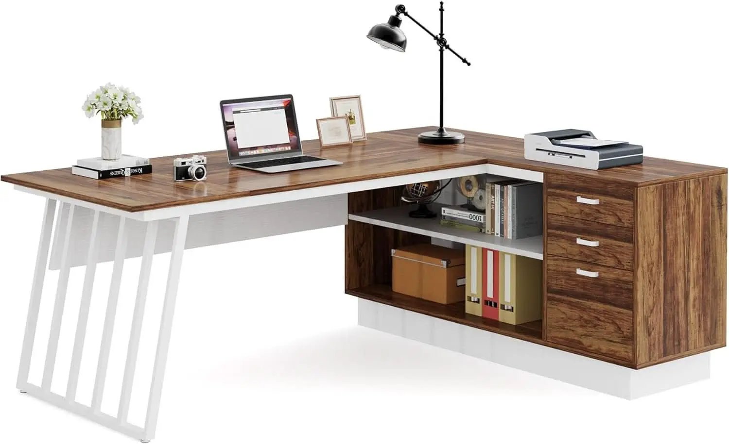 L-Shaped Executive Desk with Storage Drawers and Shelves from PriceLows™