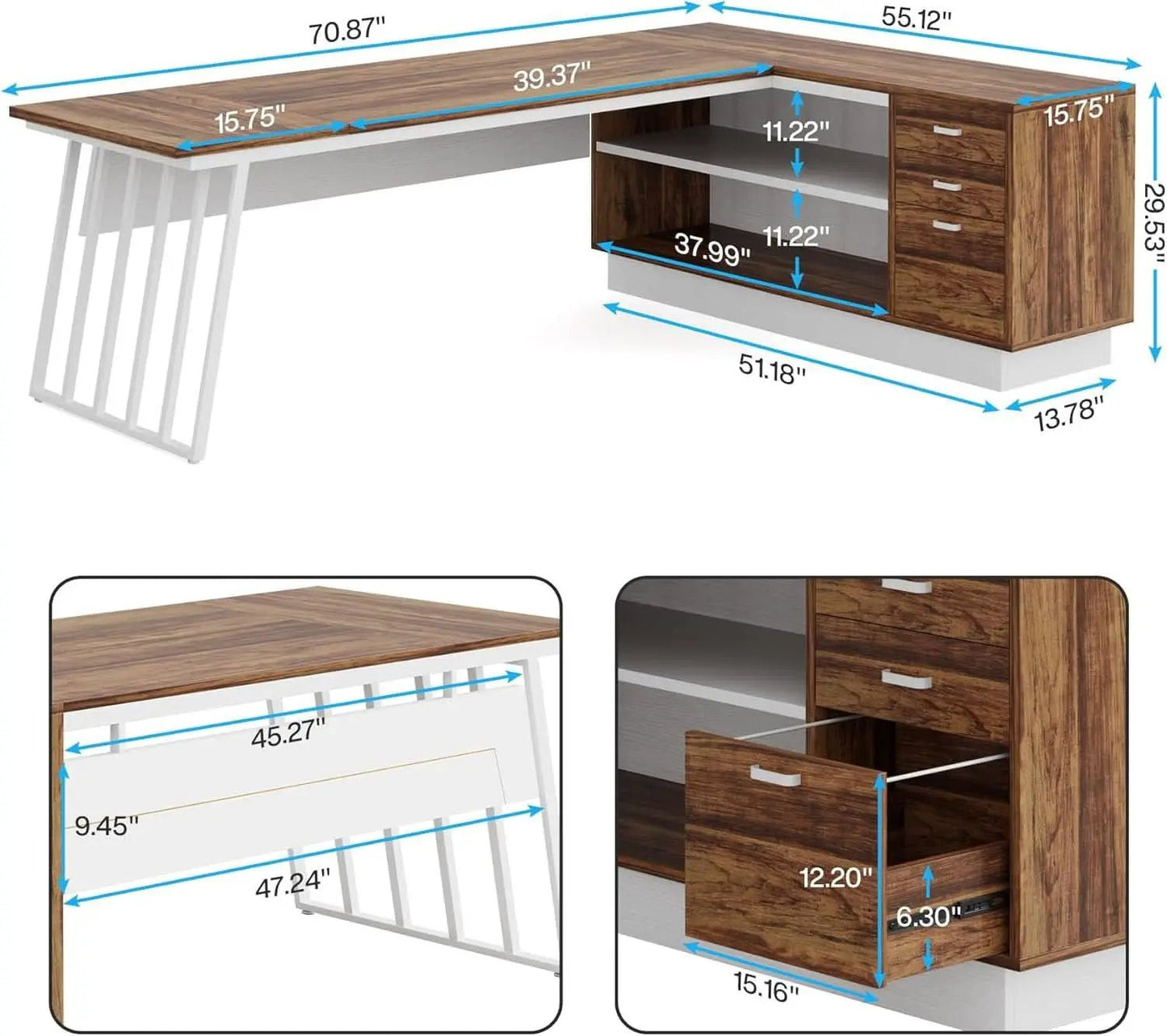 L-Shaped Executive Desk with Storage Drawers and Shelves from PriceLows™