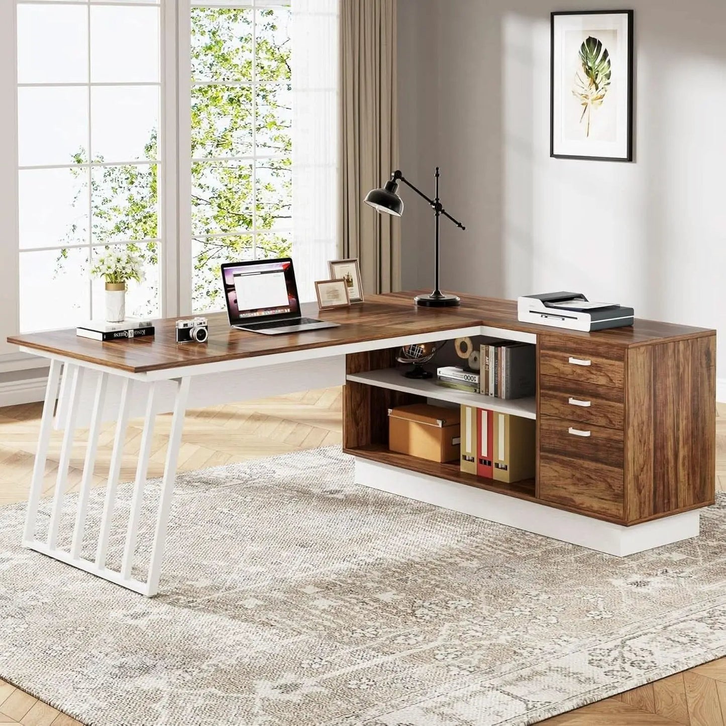 L-Shaped Executive Desk with Storage Drawers and Shelves from PriceLows™