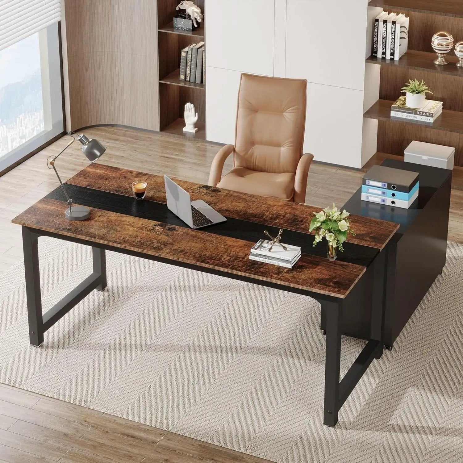 L-Shaped Executive Office Desk With Spacious File Cabinet from PriceLows™