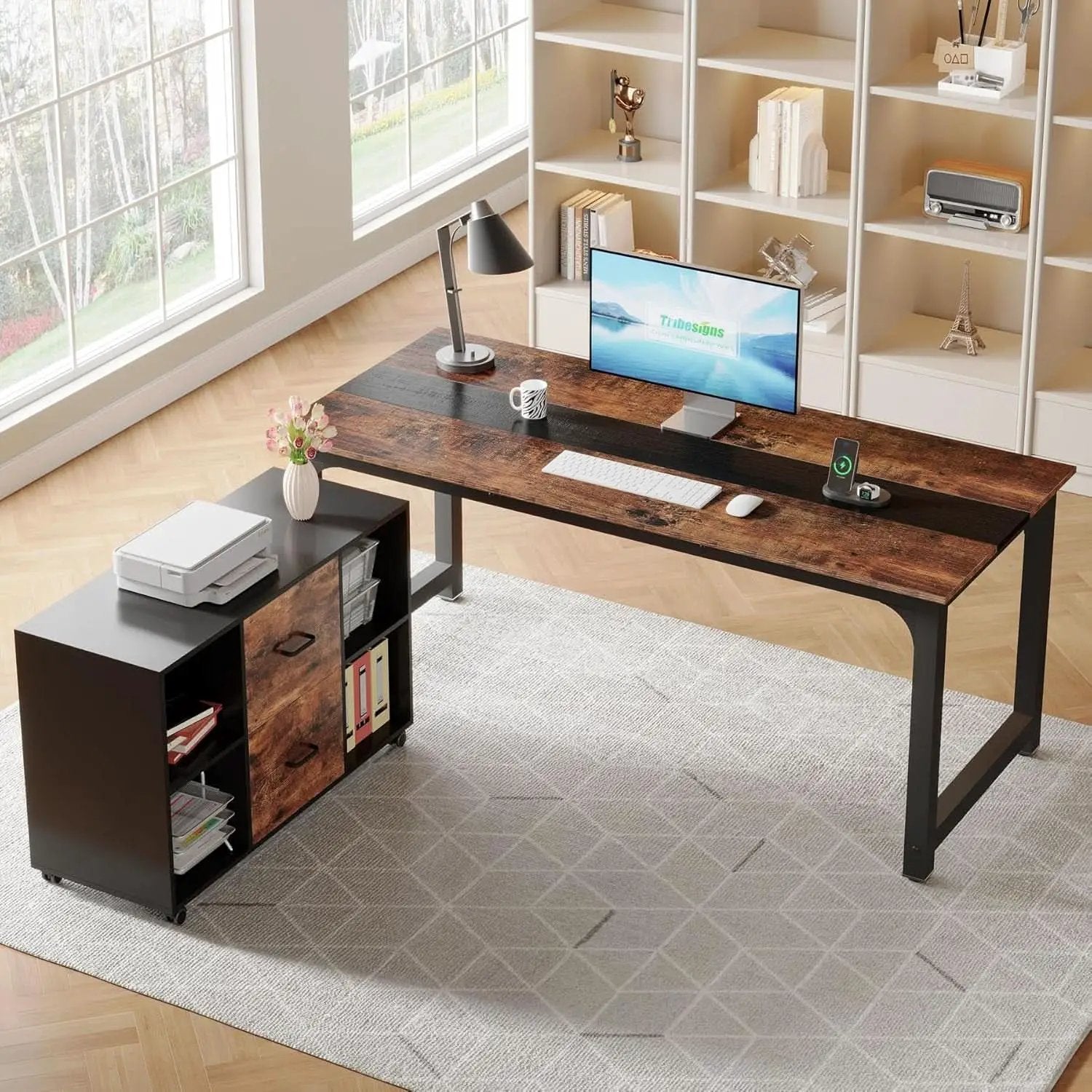 L-Shaped Executive Office Desk With Spacious File Cabinet from PriceLows™