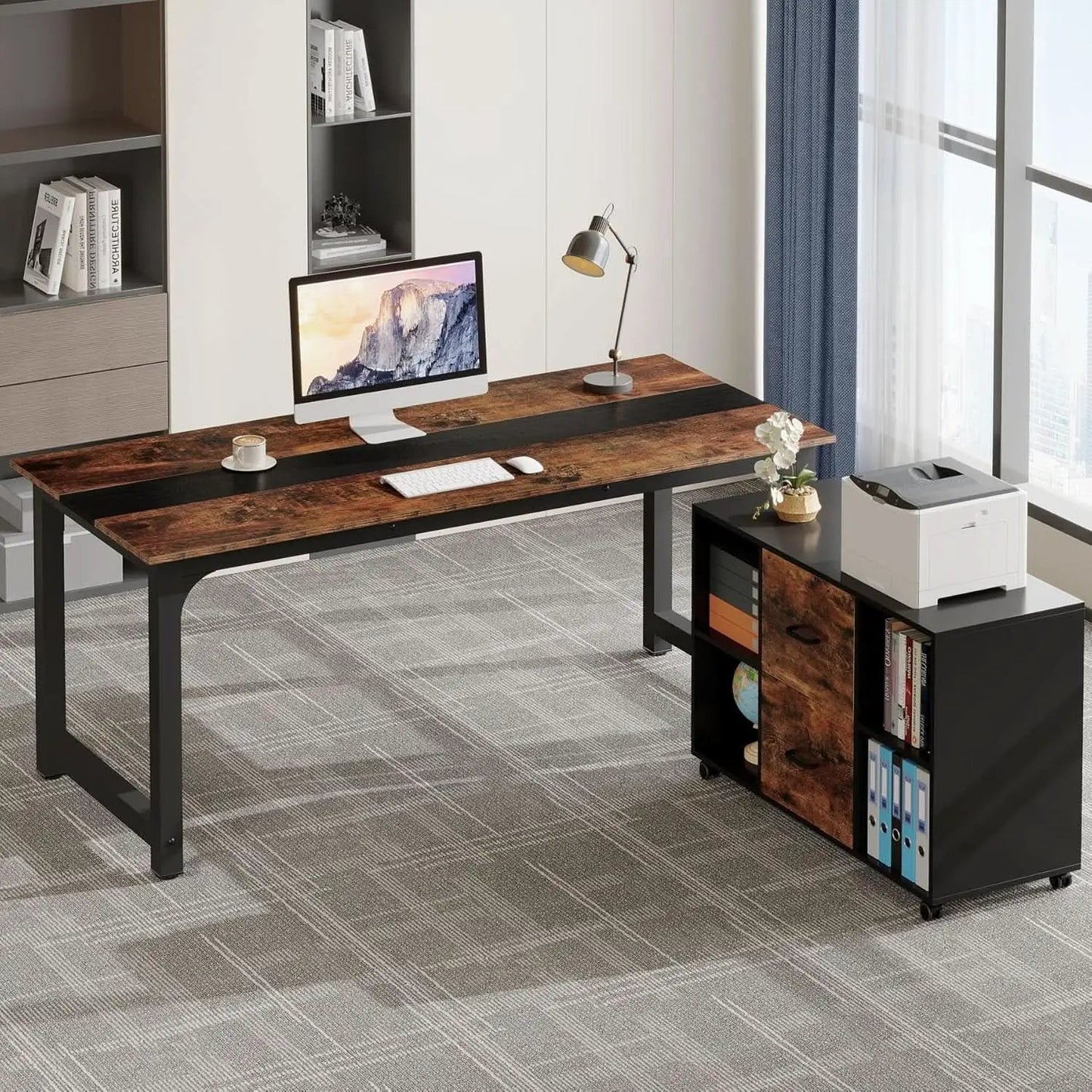L-Shaped Executive Office Desk With Spacious File Cabinet from PriceLows™
