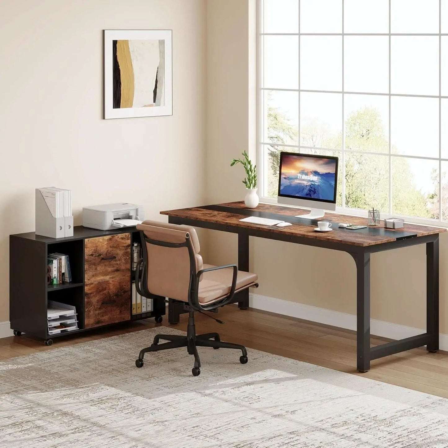 L-Shaped Executive Office Desk With Spacious File Cabinet from PriceLows™