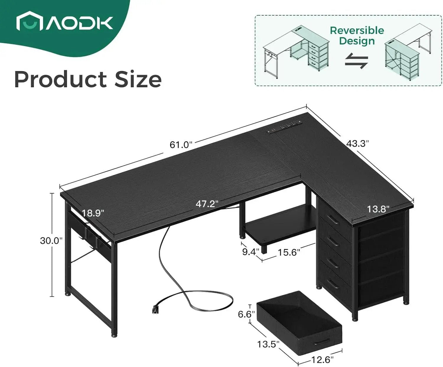L Shaped Gaming Desk 61 Inch With Built In Power Outlets from PriceLows™