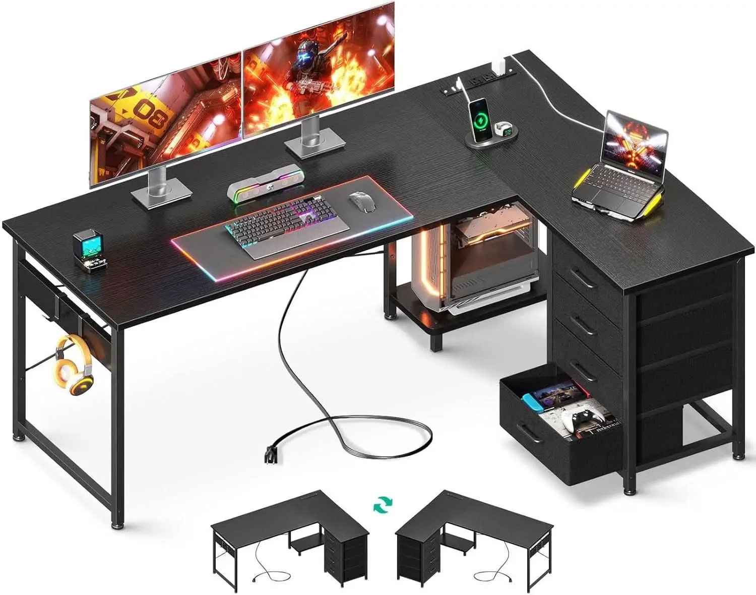 L Shaped Gaming Desk 61 Inch With Built In Power Outlets from PriceLows™