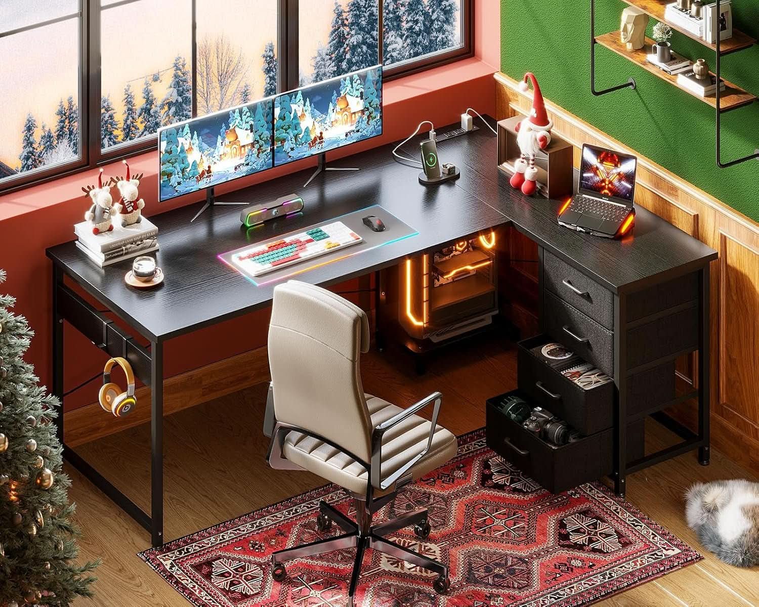 L Shaped Gaming Desk 61 Inch With Built In Power Outlets from PriceLows™