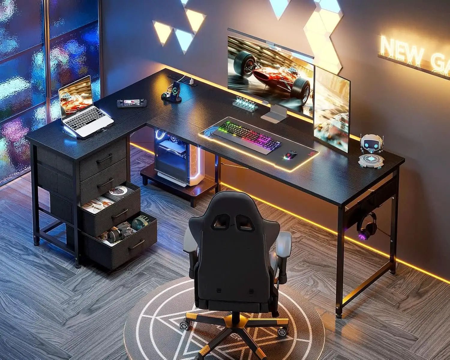 L Shaped Gaming Desk 61 Inch With Built In Power Outlets from PriceLows™