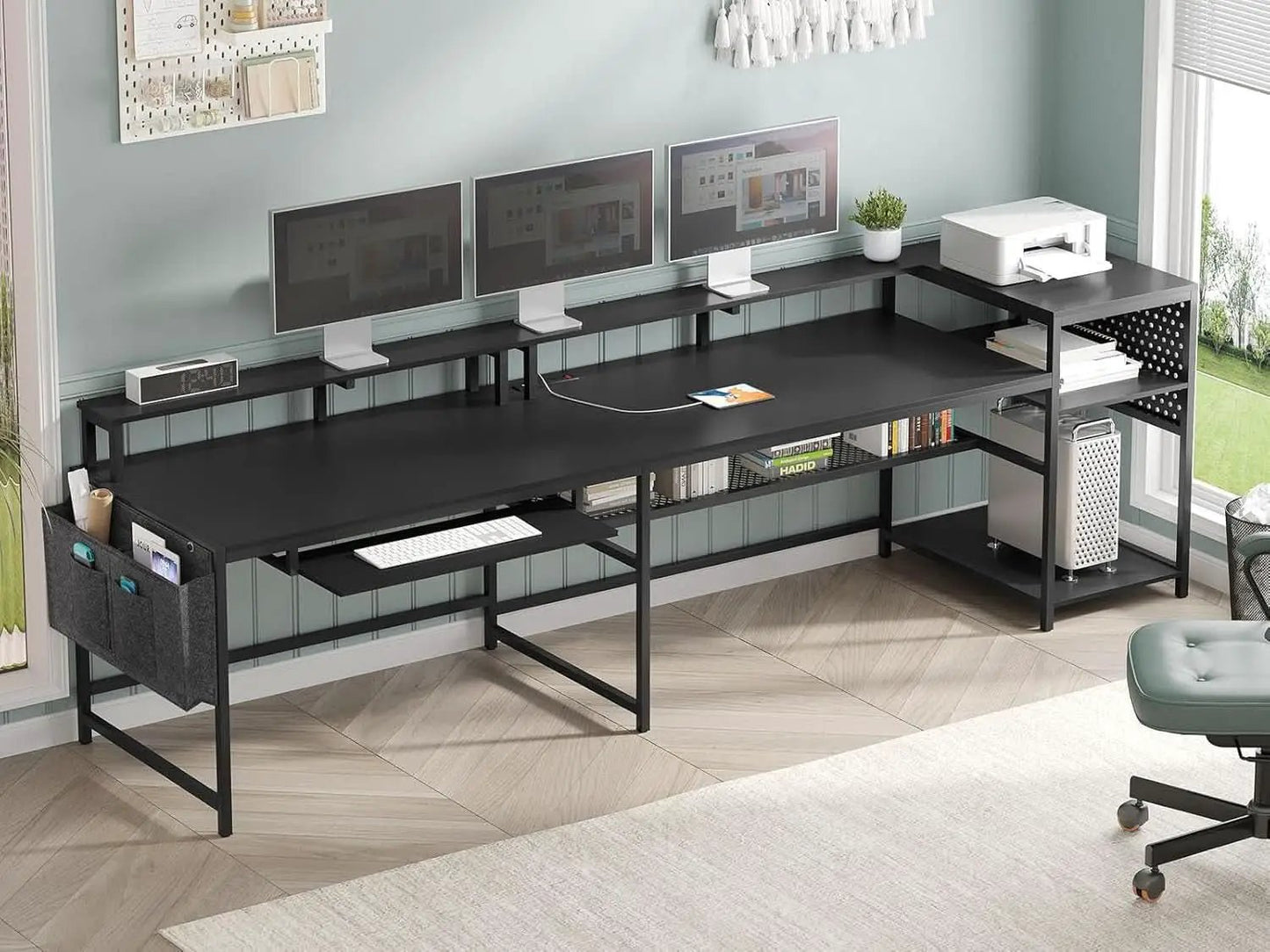 L Shaped Gaming Desk with LED Strip and Storage Shelves from PriceLows™
