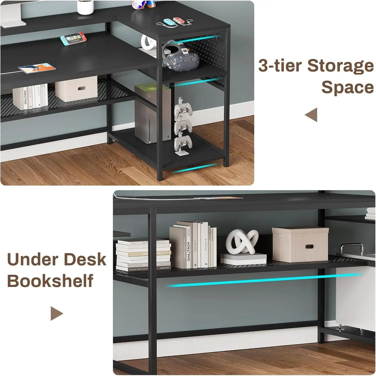 L Shaped Gaming Desk with LED Strip and Storage Shelves from PriceLows™