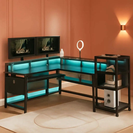 L Shaped Gaming Desk with LED Strip and Storage Shelves from PriceLows™