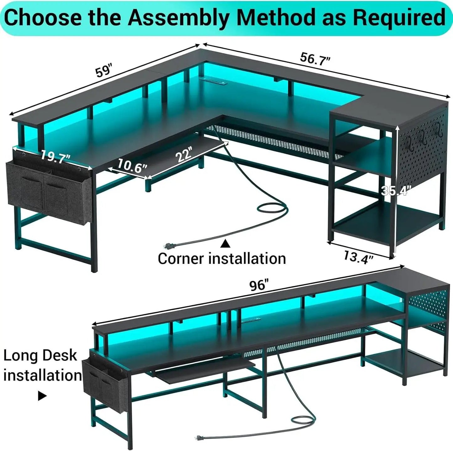 L Shaped Gaming Desk with LED Strip and Storage Shelves from PriceLows™