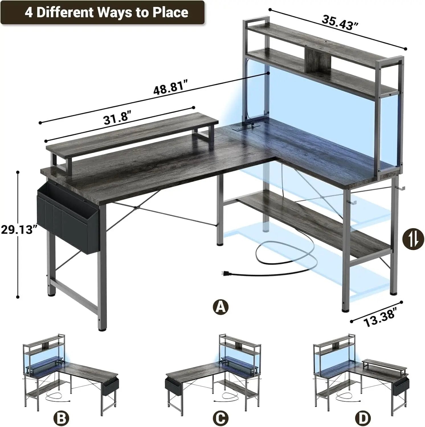 L Shaped Gaming Desk With Power Outlets And Grey Oak from PriceLows™