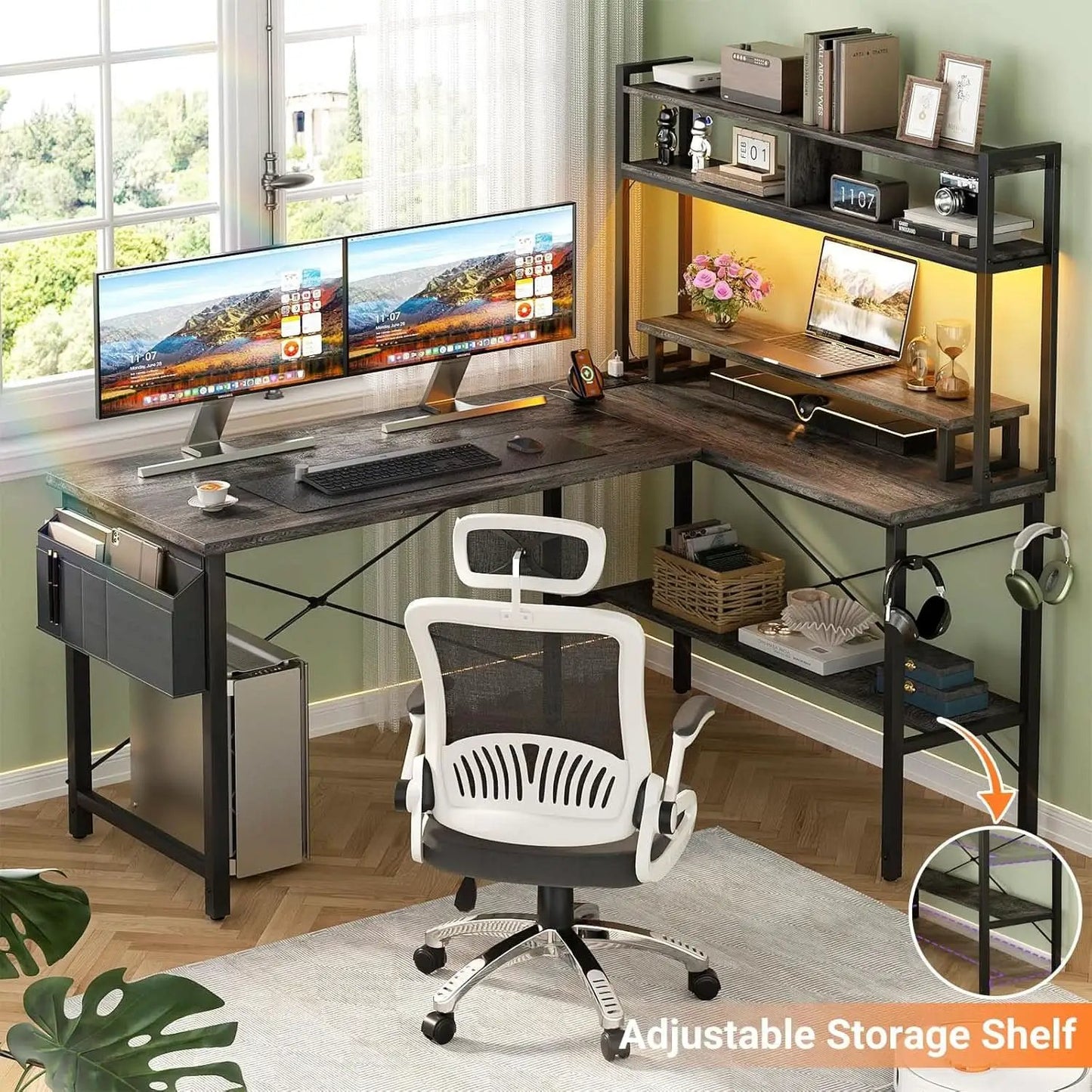 L Shaped Gaming Desk With Power Outlets And Grey Oak from PriceLows™