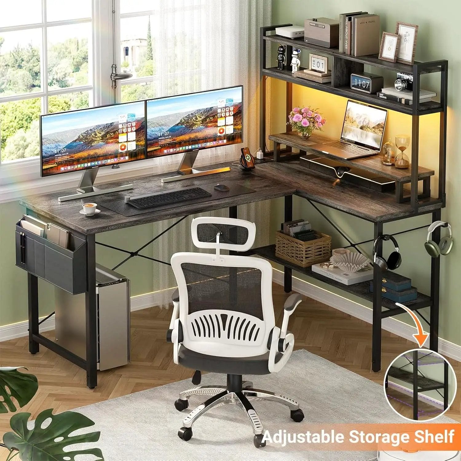 L Shaped Gaming Desk With Power Outlets And Grey Oak from PriceLows™