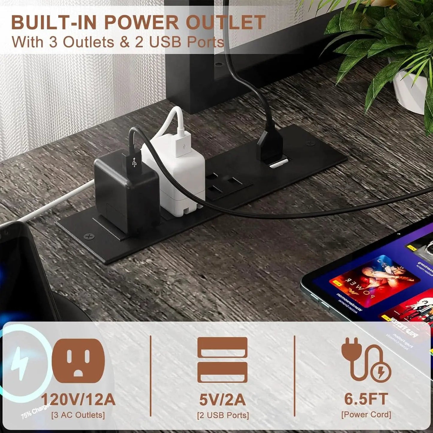 L Shaped Gaming Desk With Power Outlets And Grey Oak from PriceLows™