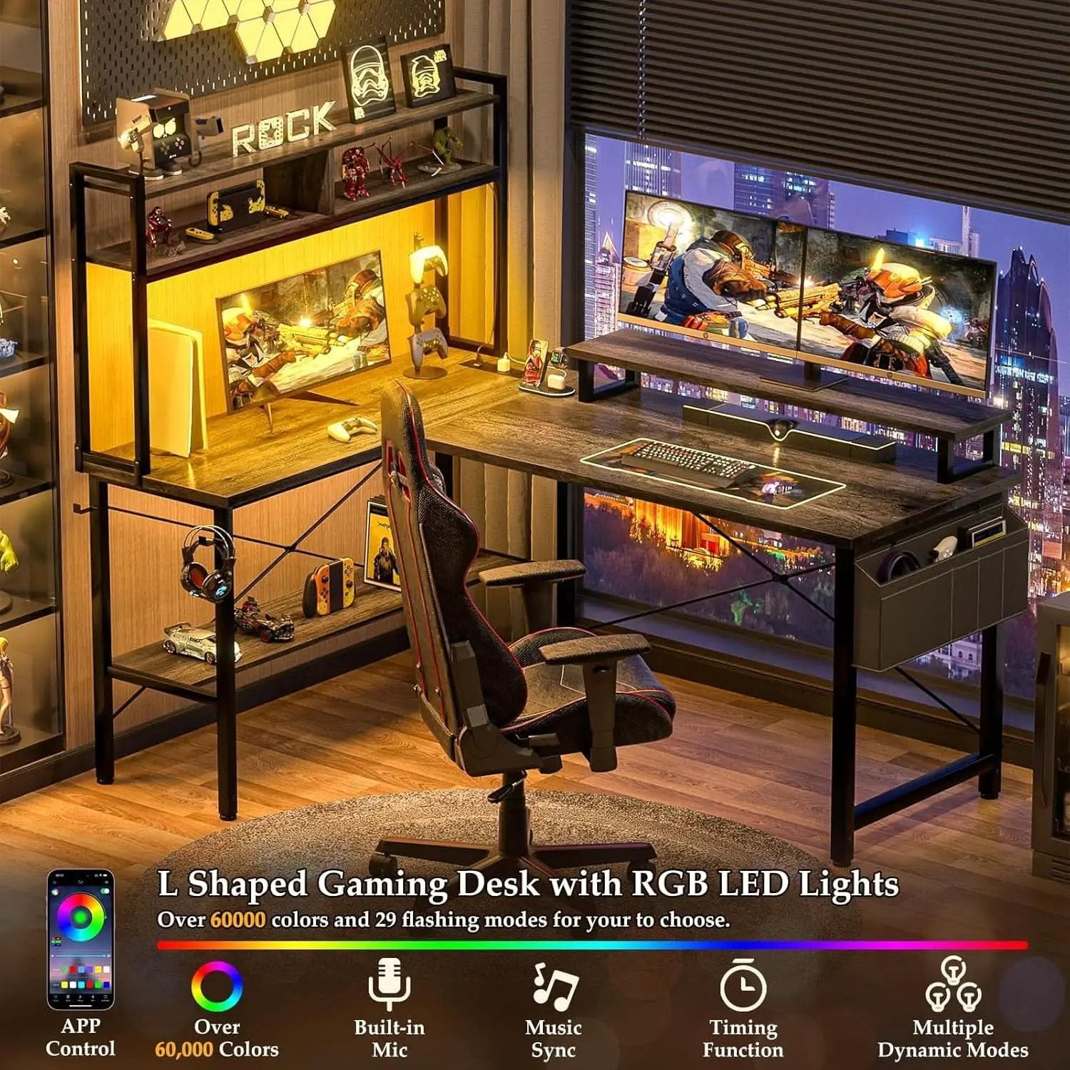 L Shaped Gaming Desk With Power Outlets And Grey Oak from PriceLows™