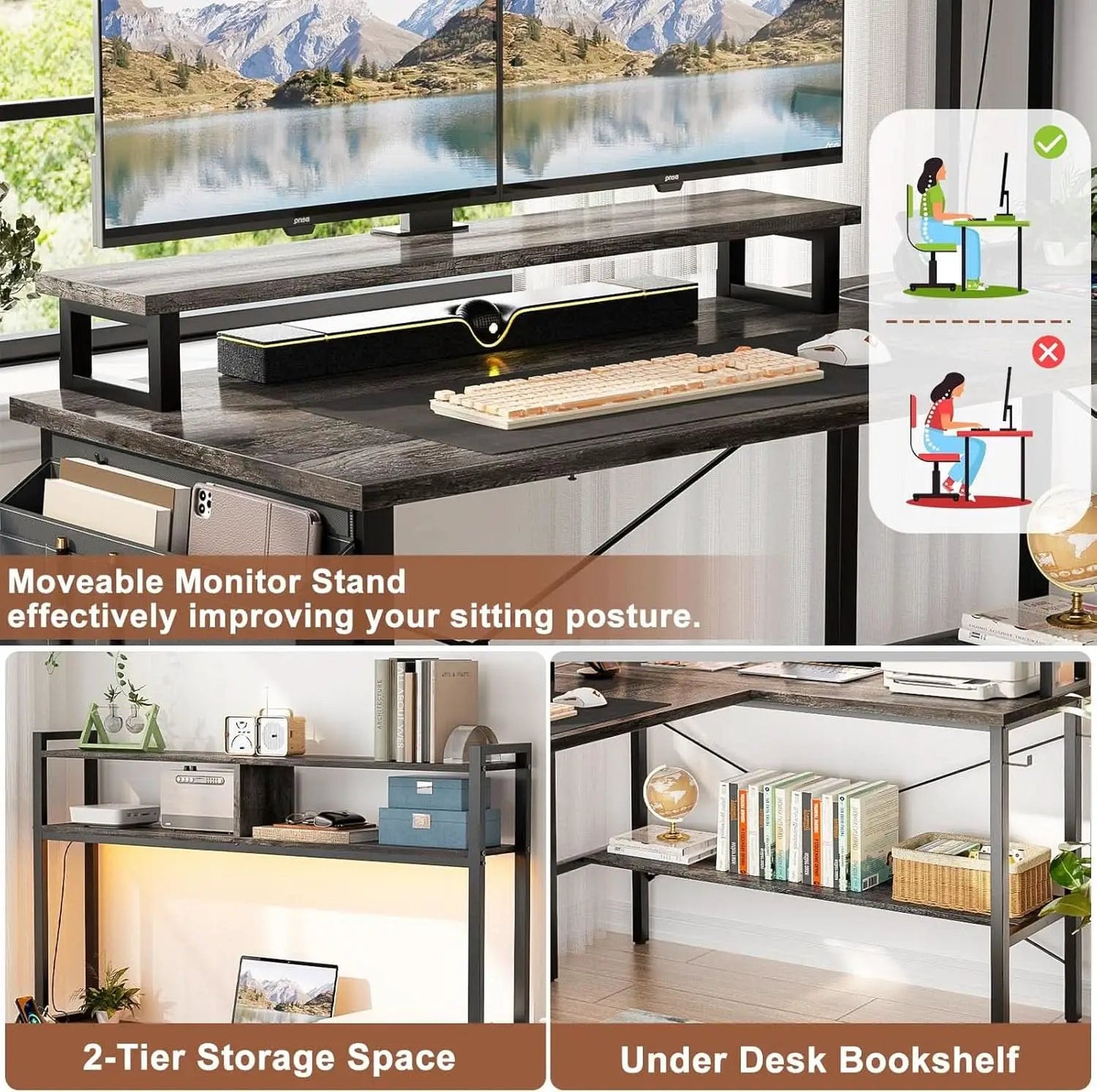 L Shaped Gaming Desk With Power Outlets And Grey Oak from PriceLows™