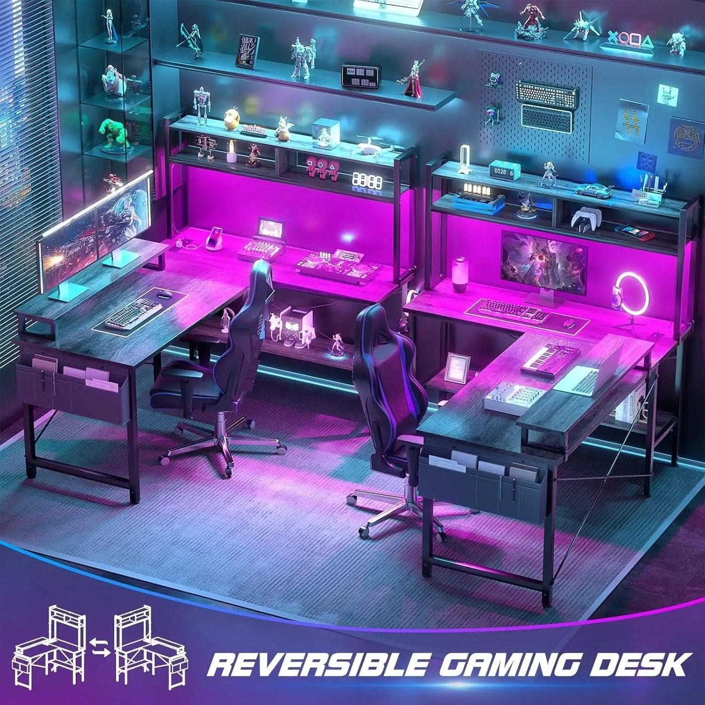 L Shaped Gaming Desk With Power Outlets And Grey Oak from PriceLows™