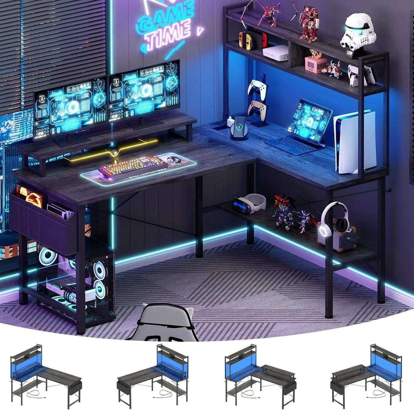 L Shaped Gaming Desk With Power Outlets And Grey Oak from PriceLows™