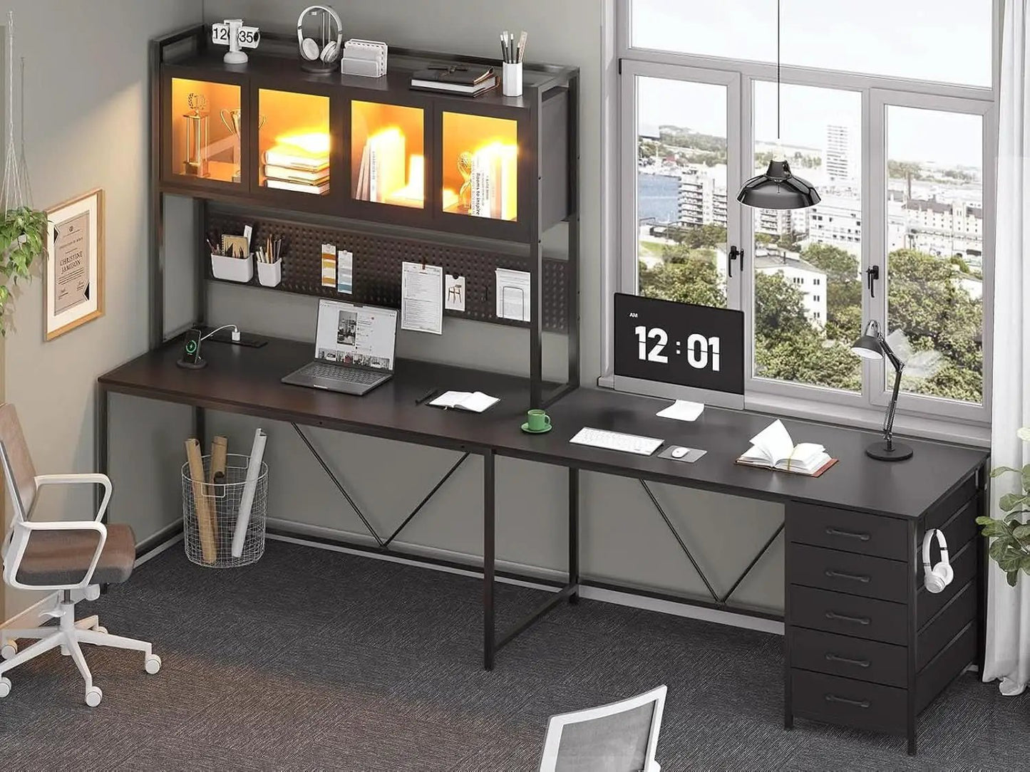 L Shaped Gaming Desk with Storage Drawers and Lights from PriceLows™