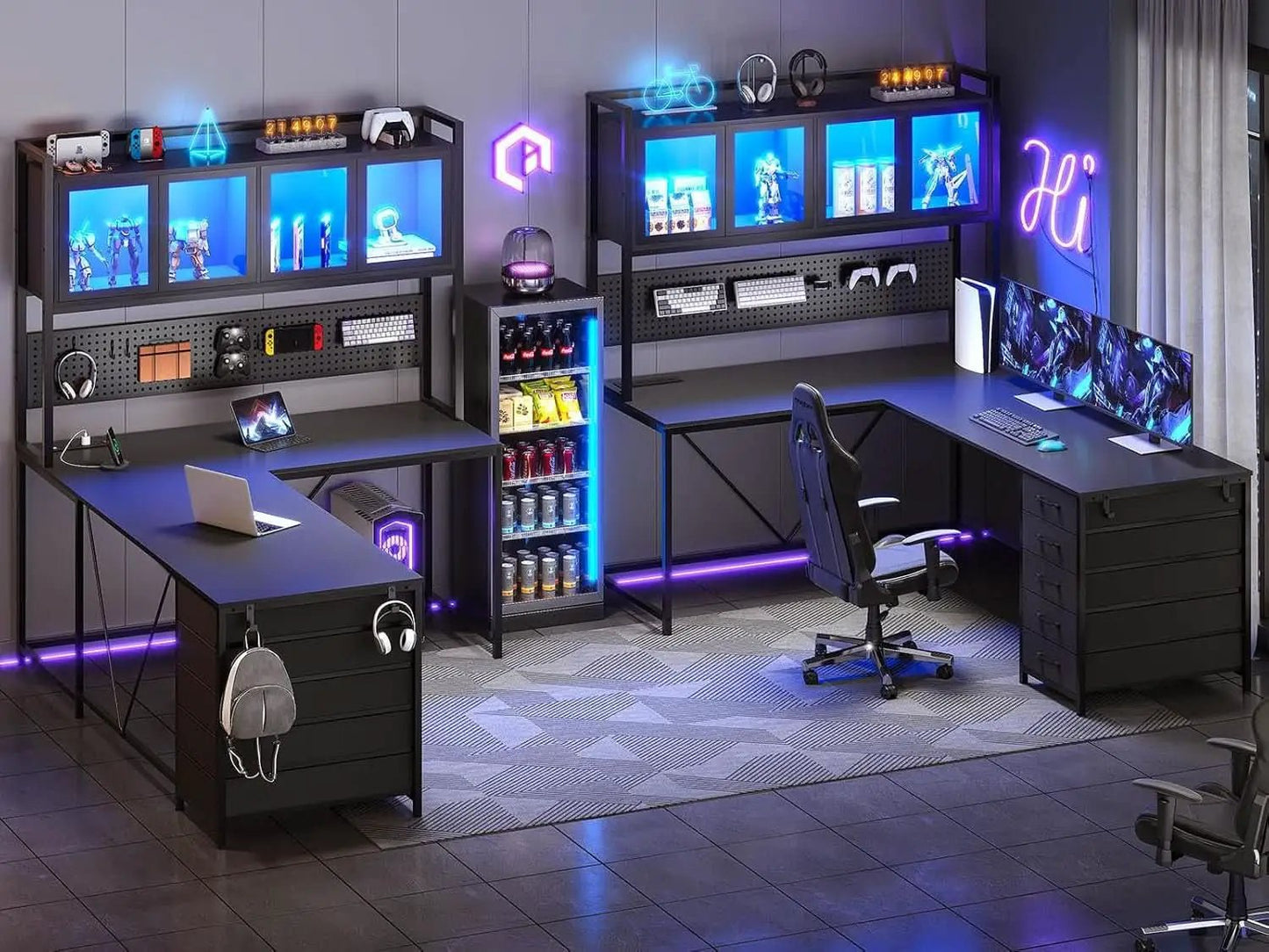 L Shaped Gaming Desk with Storage Drawers and Lights from PriceLows™