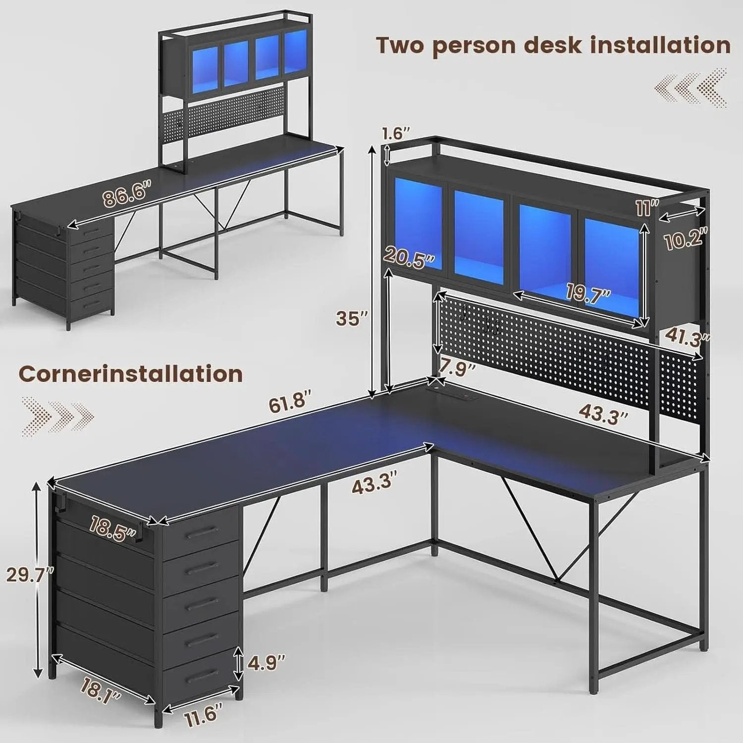 L Shaped Gaming Desk with Storage Drawers and Lights from PriceLows™