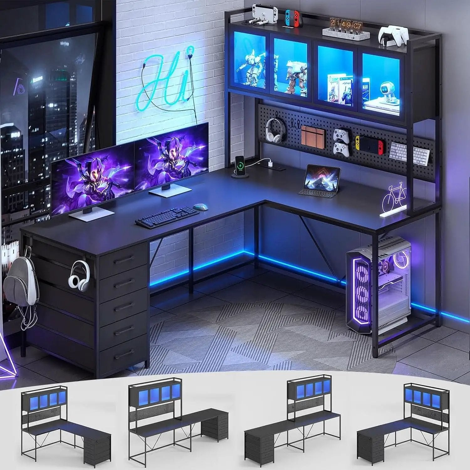 L Shaped Gaming Desk with Storage Drawers and Lights from PriceLows™