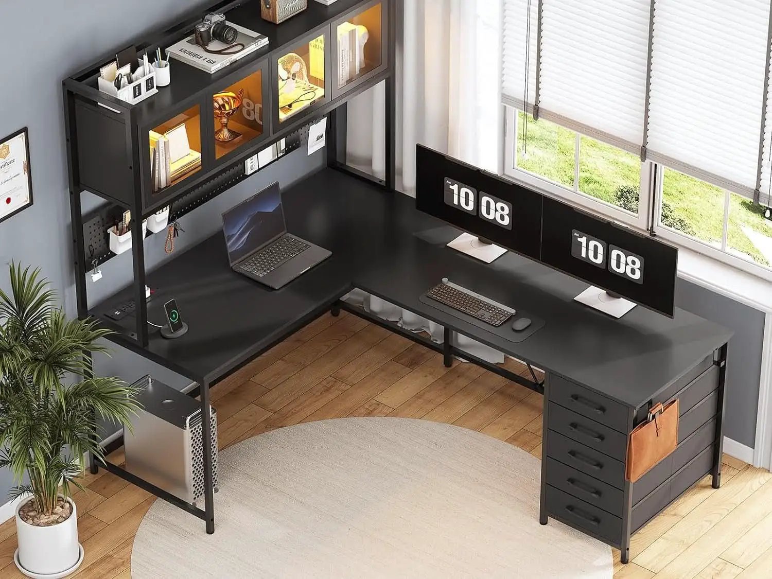 L Shaped Gaming Desk with Storage Drawers and Lights from PriceLows™