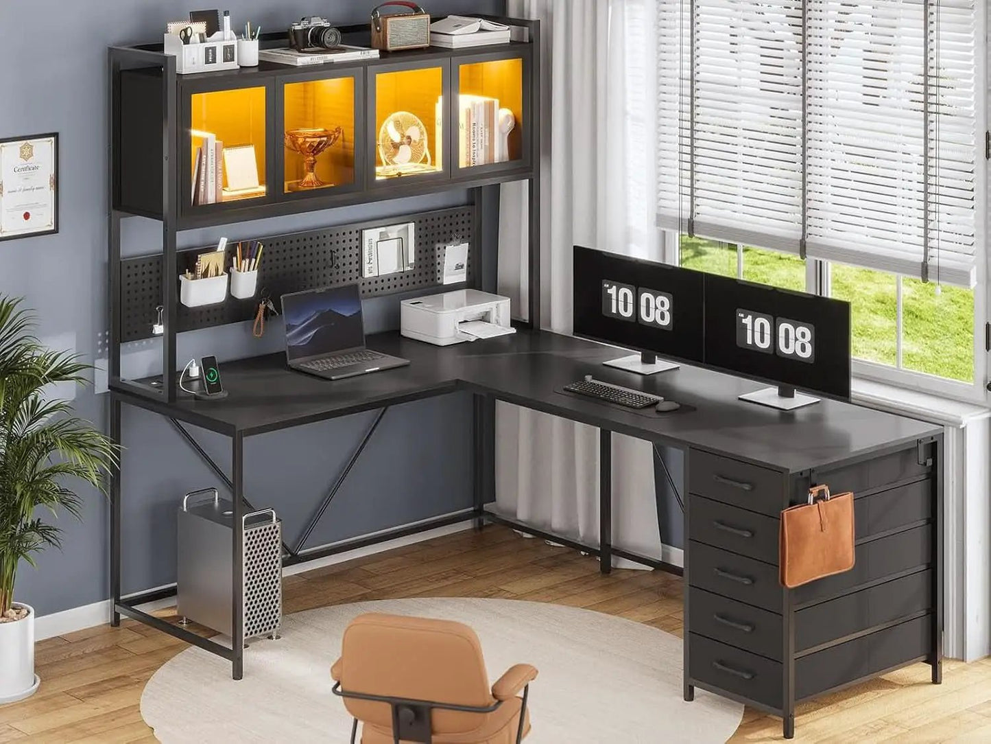 L Shaped Gaming Desk with Storage Drawers and Lights from PriceLows™