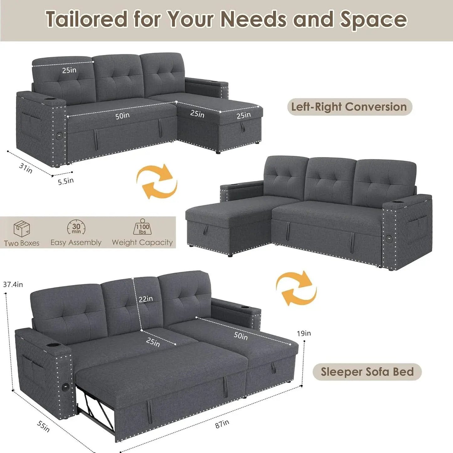 L Shaped Sleeper Sofa Bed with Storage and USB Port from PriceLows™