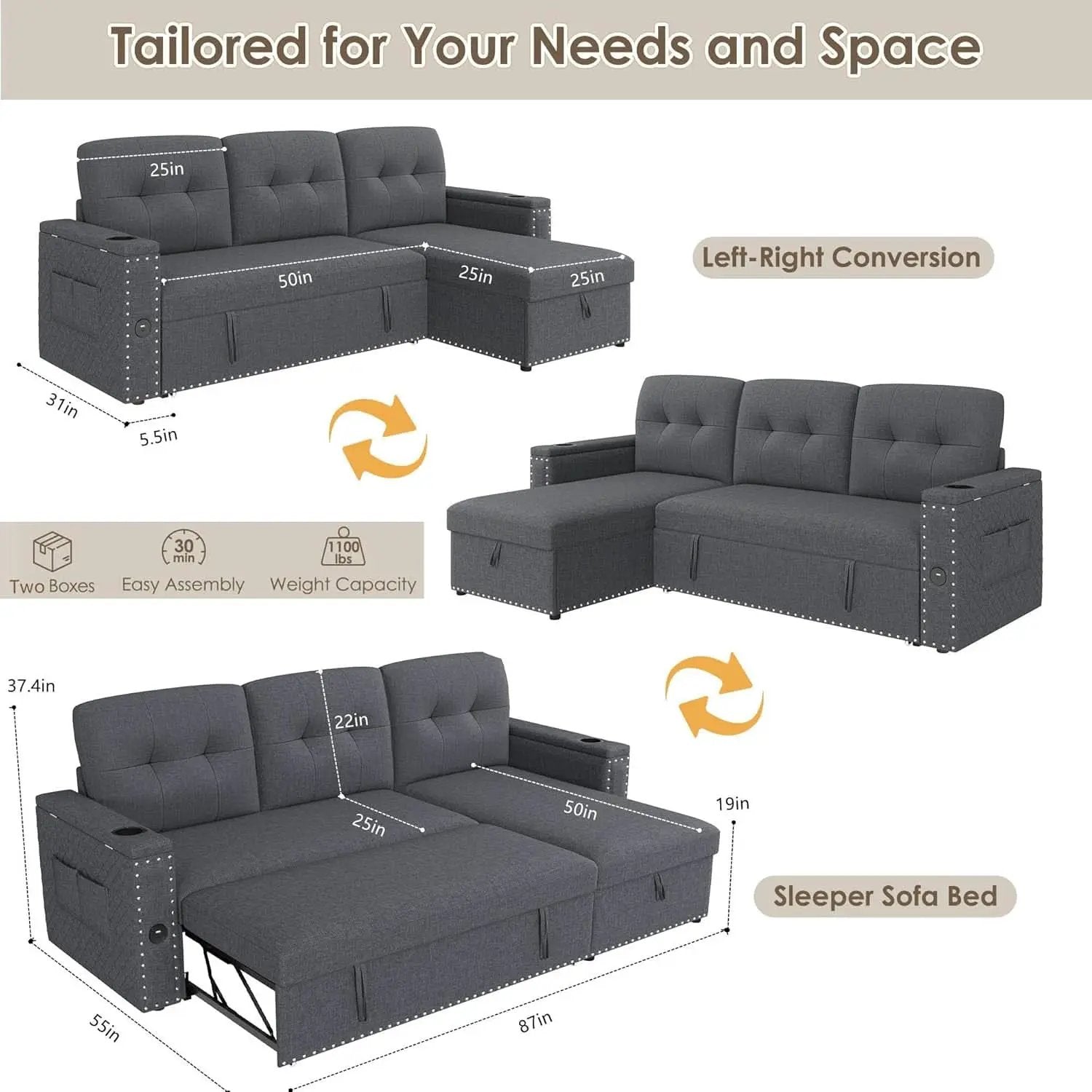 L Shaped Sleeper Sofa Bed with Storage and USB Port from PriceLows™