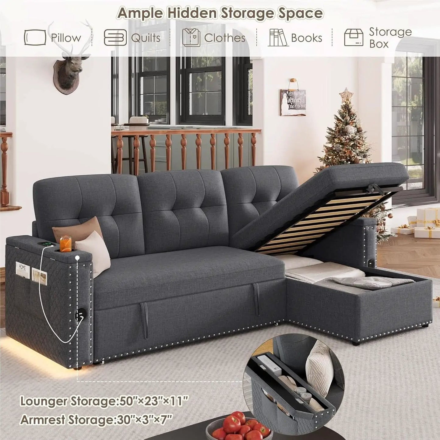 L Shaped Sleeper Sofa Bed with Storage and USB Port from PriceLows™